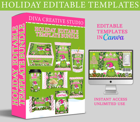 Grinch PINK Holiday Editable Templates